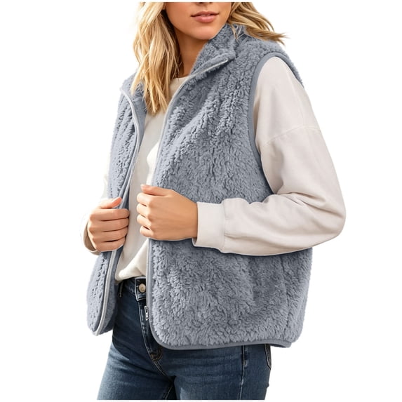 Wlynlyn Womens Fleece Vests Fuzzy Sherpa Fleece Lightweight Sleeveless Gilet Zip up Jacket with Pockets(Gray,Large)
