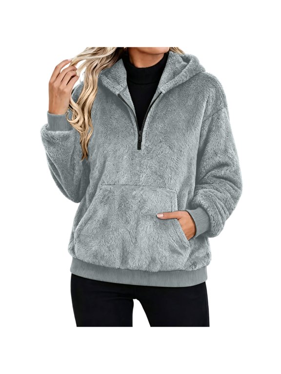 Womens Half Zip Sweatshirts Warm Sherpa Fuzzy Casual Jacket for Winter Going out Tops Trendy Fall Pullover(XX-Large,Gray)