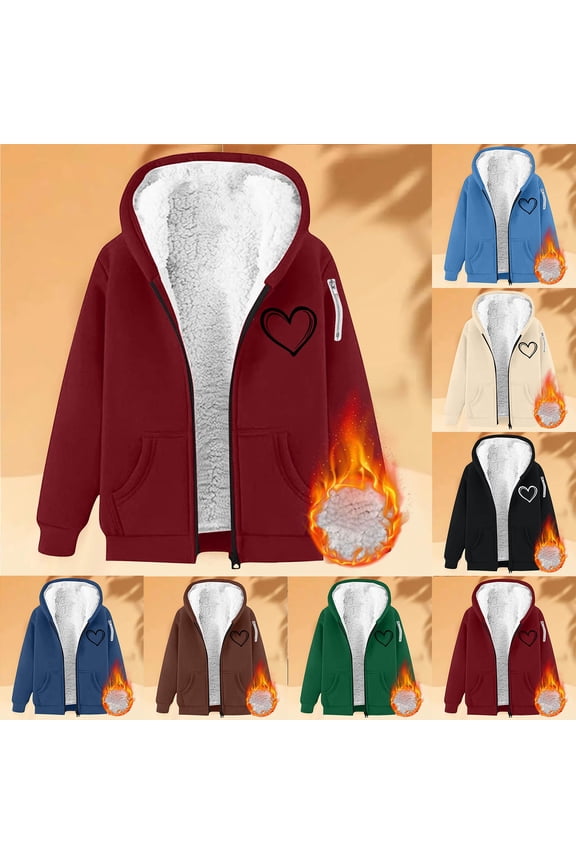 Womens Hoodies Jackets Zip up Thick Fleece Sherpa Lined Winter Coats Heart Print Long Sleeve Sweatshirts