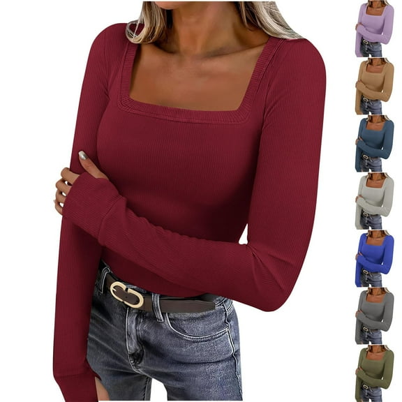 Wlynlyn Womens Long Sleeve Shirts Square Neck Ribbed Knit Slim Fitted Tops Casual Solid Color Stretchy Soft Basic Tees
