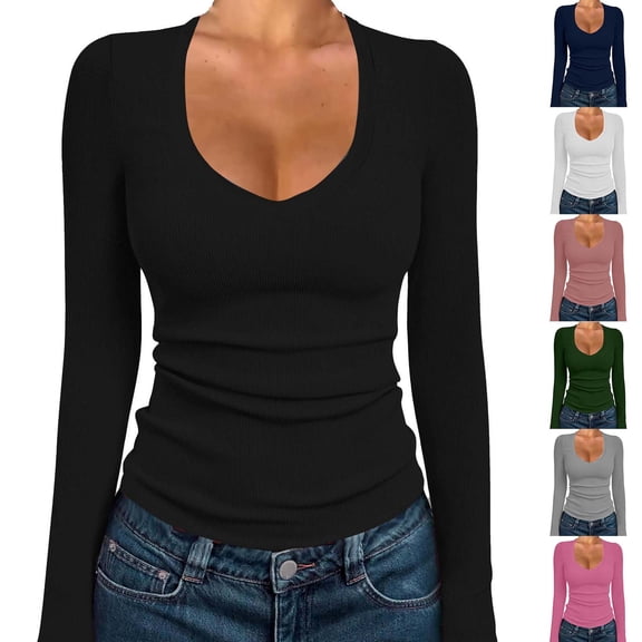 Wlynlyn Womens Long Sleeve Shirts V Neck Slim Fitted Ribbed Knit T-Shirts Solid Color Base Layer Undershirts