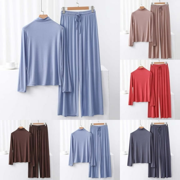 Wlynlyn Womens Lounge Sets 2 Piece Outfit Casual Turtleneck Long Sleeve Tops Wide Leg Pants Soft Comfy Pajamas Sets