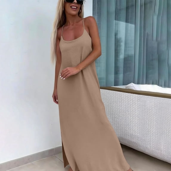Wlynlyn Womens Maxi Dresses Spaghetti Strap Loose Fitted Casual Cami Dress Solid Color Slit Beach Summer Sleeveless Sundress