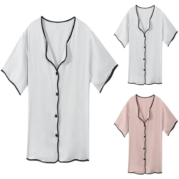 Wlynlyn Womens Nightgowns Short Sleeve Nightshirts V Neck Button down Sleep Dress Casual Sleepwear Pajamas
