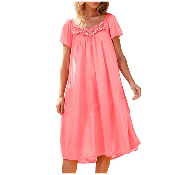 Wlynlyn Womens Nightgowns Short Sleeve Sleepshirts Scoop Neck Sleepwear Casual Flowy Midi Pajamas Dress Ladies Loungewear(Watermelon Red,1 Size)