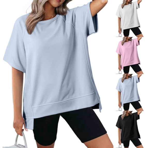 Wlynlyn Womens Oversized T Shirts Short Sleeve Shirts Round Neck Summer Tops Casual Loose Tees Side Split