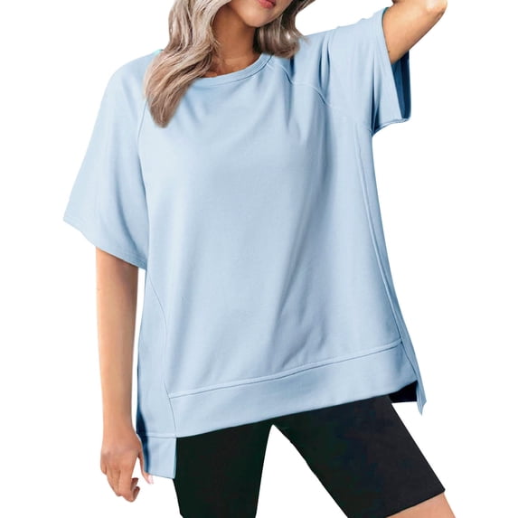 Wlynlyn Womens Oversized T Shirts Short Sleeve Shirts Round Neck Summer Tops Casual Loose Tees Side Split