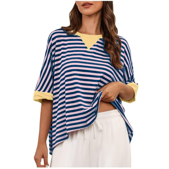 Wlynlyn Womens Oversized T Shirts Short Sleeve Summer Top Crewneck Striped Loose Fitted Basic Tees M