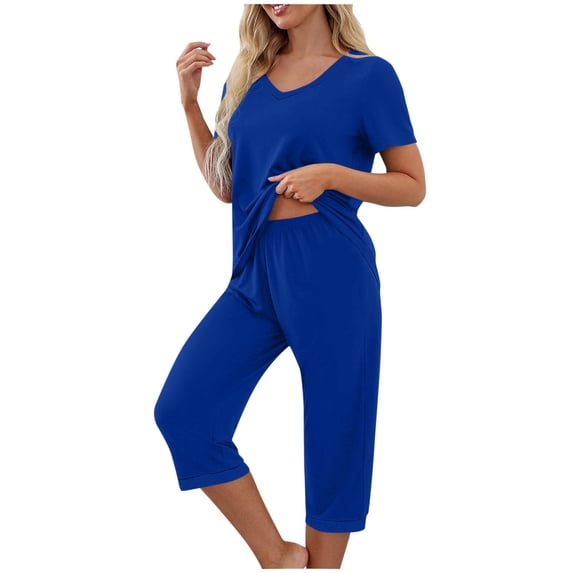 Wlynlyn Womens Pajama Set Short Sleeve V Neck Top with Capri Pants 2 Piece Sleepwear Summer Pjs Outfits Nightwear(Blue,X-Large)