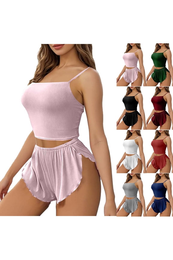 Womens Pajama Set Side 2 Piece Outfits Ribbed Knit Cami Crop Top Slit Shorts Comfy Sleepwear