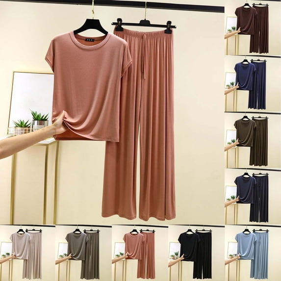 Wlynlyn Womens Pajama Sets Crewneck Short Sleeve Tees Tops Wide Leg Capri Pants 2 Piece Outfits Soft Comfy Homewear