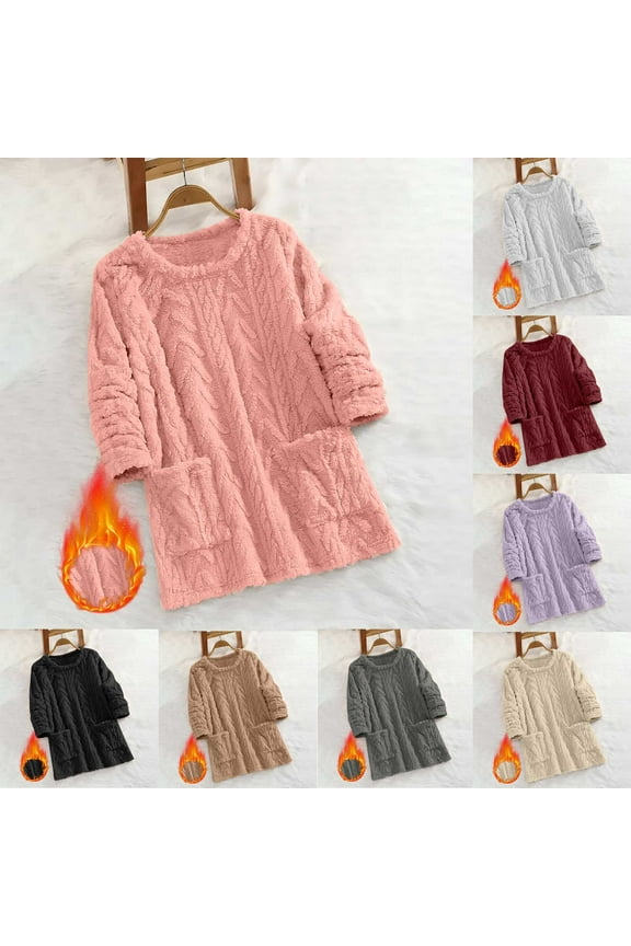 Womens Pajamas Tops Fall Winter Warm Fuzzy Plush Loose Fleece Crewneck Pullover Loungewear Homewear Tops