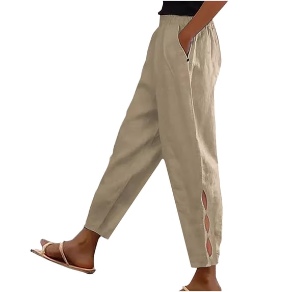 Wlynlyn Womens Pant Plus Size High Waisted Summer Beach Pants Straight Leg Hollow out Ankle Length Pants with Pockets