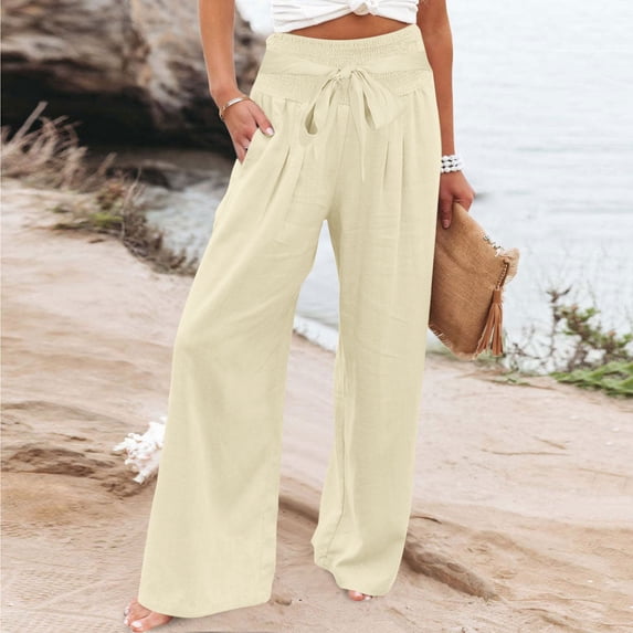 Wlynlyn Womens Pants Drawsting Waist Pants Wide Leg Trousers Summer Casual Flowy Palazzo Pants with Pockets