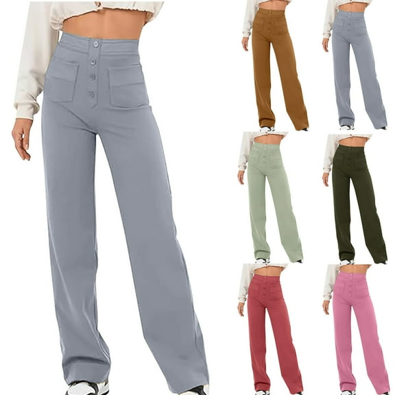 Wlynlyn Womens Pants High Waisted Button Wide Straight Leg Stretchy Business Casual Work Trousers with Pockets