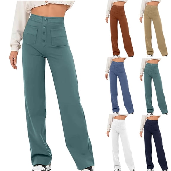 Wlynlyn Womens Pants High Waisted Button Wide Straight Leg Stretchy Business Casual Work Trousers with Pockets
