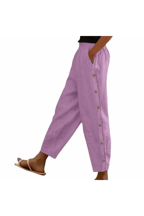 Womens Pants High Waisted Loose Fitted Side Button Ankle Length Trousers Summer Baggy Slacks with Pocket Size S
