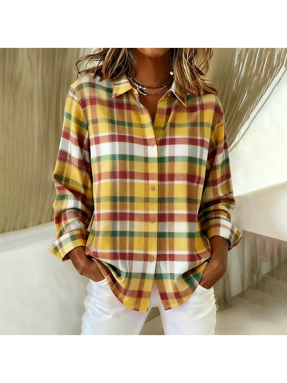 Womens Plaid Shirts Long Sleeve Button down Blouses Casual Loose Fitted Collared Dressy Tops