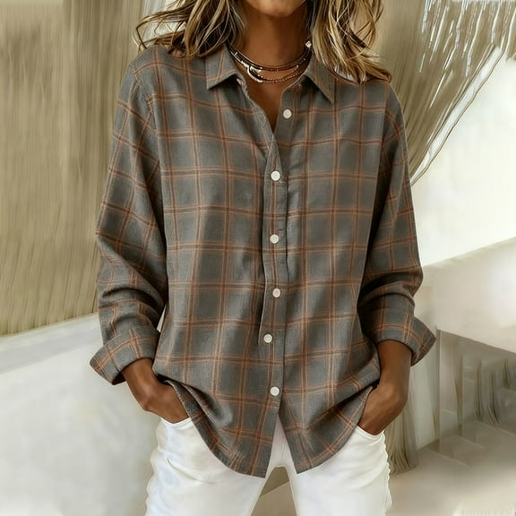 Wlynlyn Womens Plaid Shirts Long Sleeve Button down Blouses Casual Loose Fitted Collared Dressy Tops