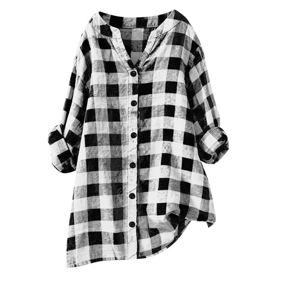 Wlynlyn Womens Plaid Shirts Plus Size Classic Rolled Long Sleeve Button down Blouses Casual Loose Work V-Neck Checked Tops(White,Small)