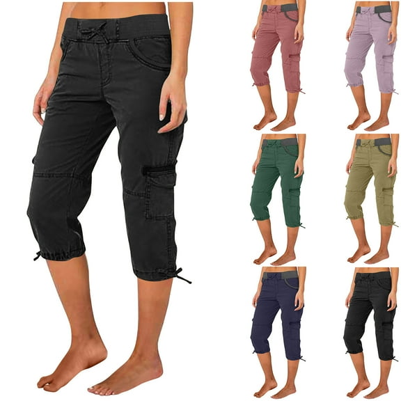 Wlynlyn Womens Plus Size Cargo Capris Low Waist Hiking Jogger Pants Summer Casual Drawstring Lightweight Outdoor Capri Pants