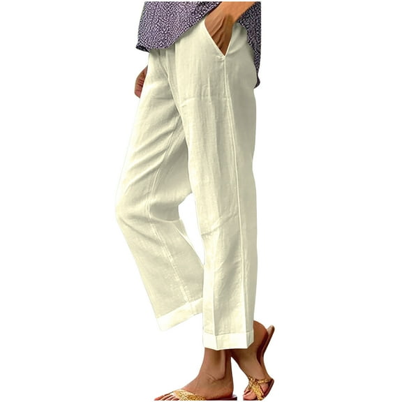 Wlynlyn Womens Plus Size Cotton Linen Pants High Waisted Pull on Casaul Pants Ankle Length Wide Leg Lounge Trousers Size XXL