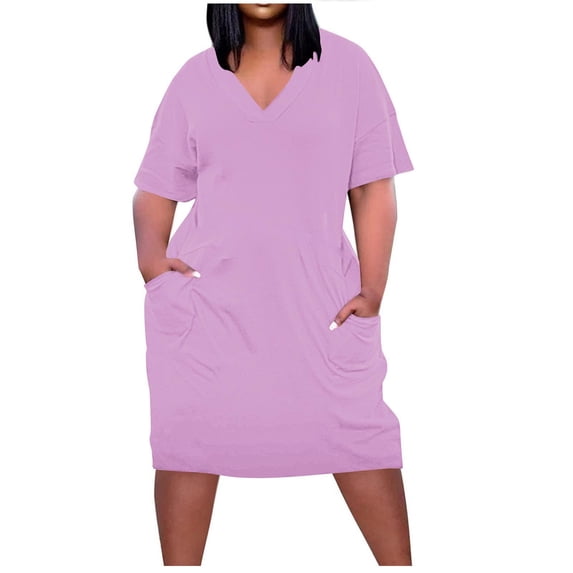 Wlynlyn Womens Plus Size Dresses Casual Short Sleeve Midi Dresses Loose Fitted T Shirt Dress with Pockets(Purple,3XL)