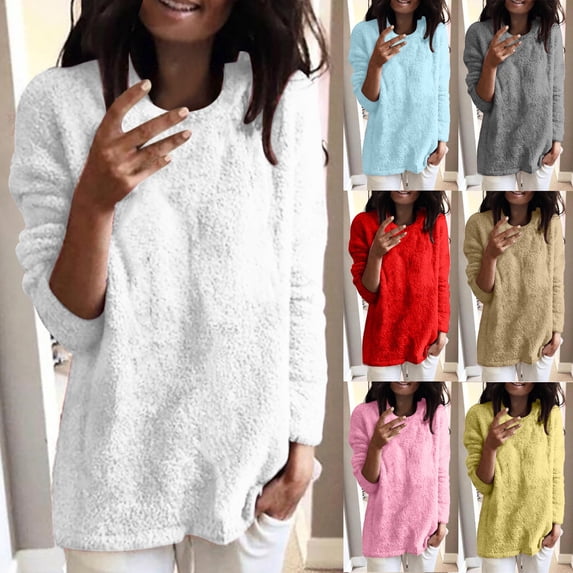 Wlynlyn Womens Plus Size Fuzzy Fleece Pajamas Tops Sherpa Lined Long Sleeve Top Thicken Warm Crewneck Pullover