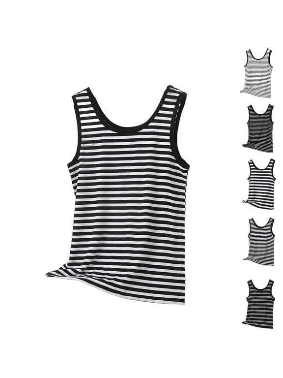 Womens Plus Size Tank Tops Crewneck Casual Basic Summer Top Sleeveless Loose Comfy Striped Shirts