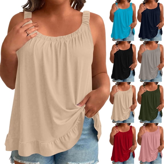 Wlynlyn Womens Plus Size Tank Tops Summer Casual Scoop Neck Pleated Front Loose Fitted Ruffle Flowy Beach Vacation Sleeveless Shirts