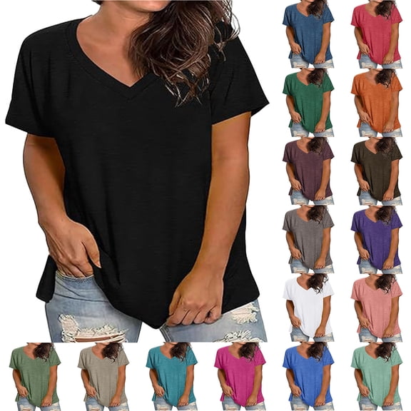 Wlynlyn Womens Plus Size Tops Short Sleeve V Neck Summer T Shirts Loose Fitted Casual Comfy Plain Tees Tees Solid XL-5XL