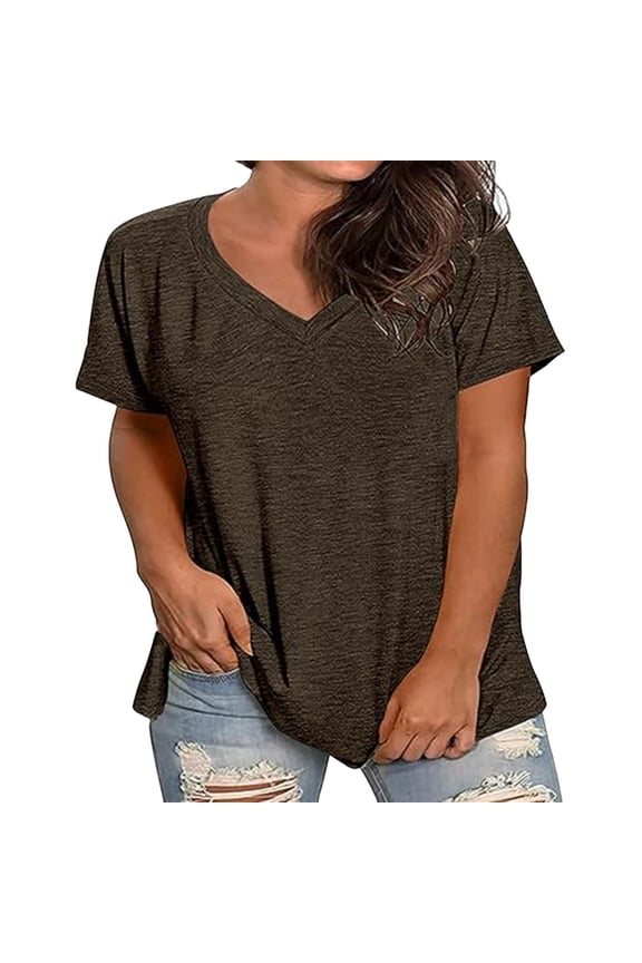 Womens Plus Size Tops Short Sleeve V Neck Summer T Shirts Loose Fitted Casual Comfy Plain Tees Tees Solid XL-5XL