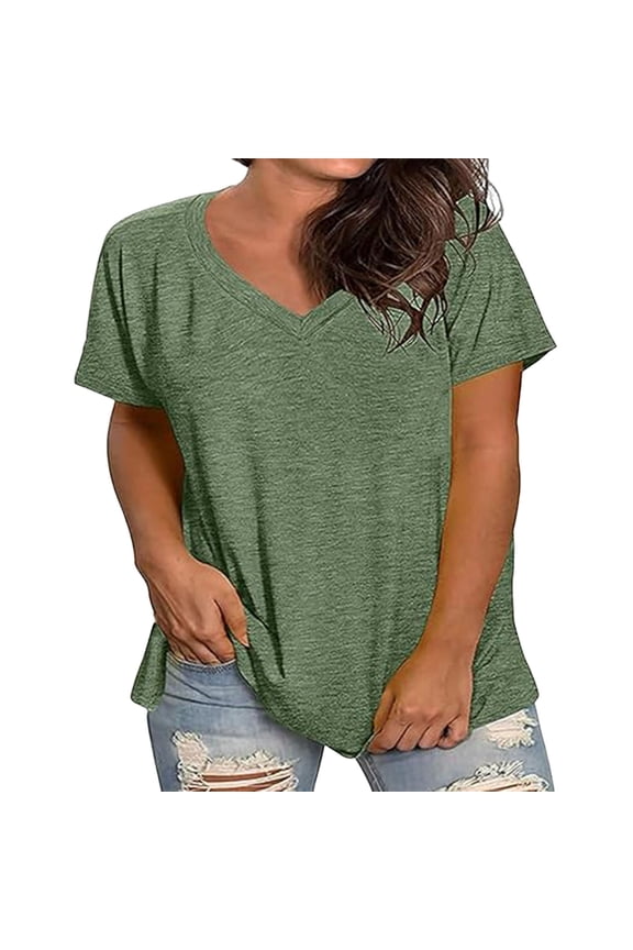 Womens Plus Size Tops Short Sleeve V Neck Summer T Shirts Loose Fitted Casual Comfy Plain Tees Tees Solid XL-5XL