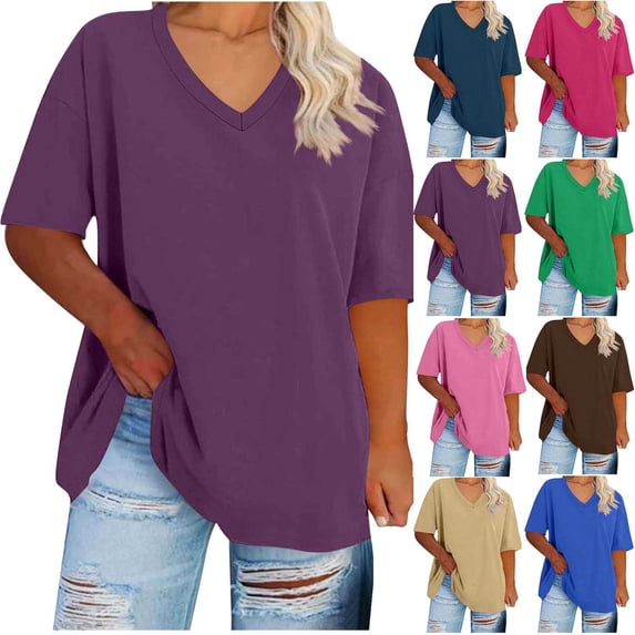 Wlynlyn Womens Plus Size Tops V Neck Summer Half Sleeve T Shirts Casual Loose Fitted Plain Tunic Tops