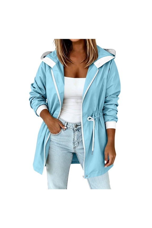 Womens Rain Jacket Full Zip Drawstring Hooded Jackets Color Block Loose Waterproof Windbreaker for Outdoor Hiking Travel Raincoat(Large,Light Blue)