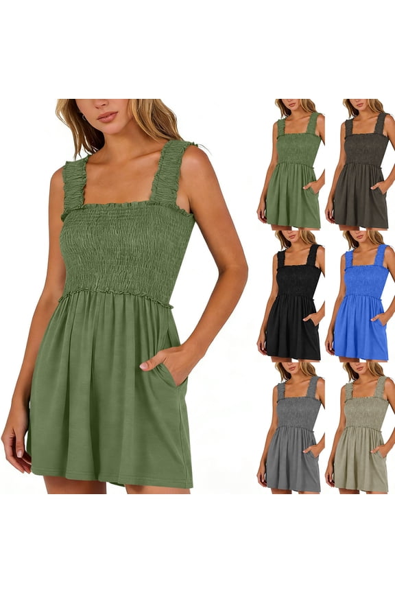 Womens Rompers Summer Casual Square Neck Smocked Overalls Sleeveless Loose Beach Vacation Jumpsuits with Pockets