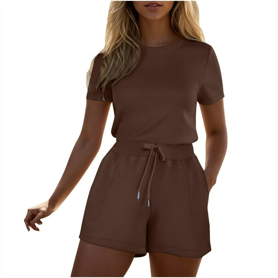 Wlynlyn Womens Rompers for Summer Short Sleeve 1 Piece Jumpsuits Drawstring High Waisted Shorts Casual Outfits