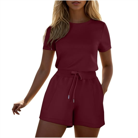Wlynlyn Womens Rompers for Summer Short Sleeve 1 Piece Jumpsuits Drawstring High Waisted Shorts Casual Outfits