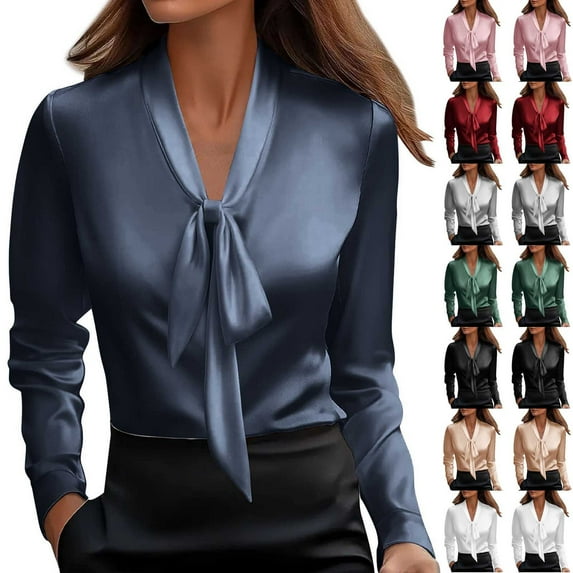 Wlynlyn Womens Satin Blouses V Neck Bow Elegant Long Sleeve Shirts Loose Casual Dressy Office Business Tunic Tops