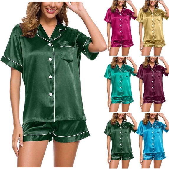 Wlynlyn Womens Satin Pajamas 2 Piece Lounge Set Short Sleeve Button down Blouses with Shorts Outfits Comfy Pjs Set