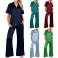 thumbnail image 1 of Wlynlyn Womens Satin Pajamas 2 Piece Outfits Short Sleeve V Neck Shirts Wide Leg Pants with Pockets Loungewear, 1 of 9
