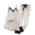 thumbnail image 1 of Wlynlyn Womens Satin Pajamas Sets 3 Piece Lounge Sets Casual Striped Lace V Neck Cami Tops Bow Shorts Pants Sleepwear, 1 of 6