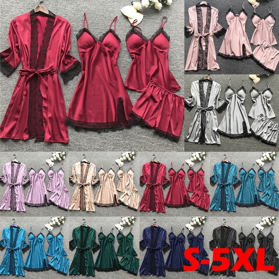 Wlynlyn Womens Satin Pajamas Sets 4 Piece Floral Lace Cami Tops Dresses Shorts Robes Sleepwear Nightgowns Loungewear