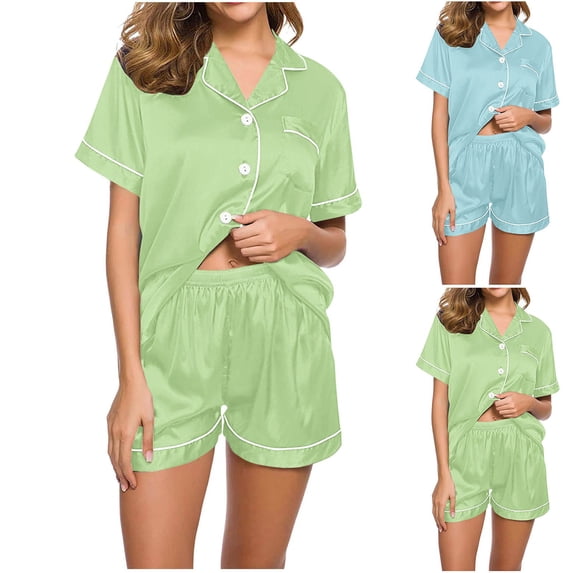 Wlynlyn Womens Satin Pajamas Sets Short Sleeve Loungewear 2 Piece Pjs Outfits Button down Blouse Shorts Sleepwear