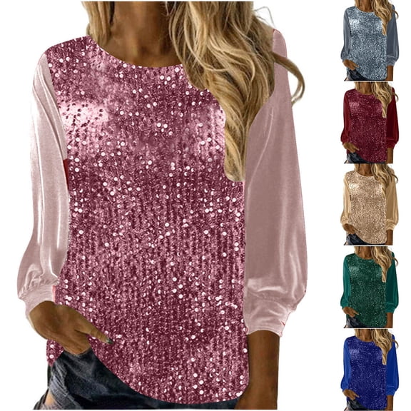 Wlynlyn Womens Sequin Tops Mesh Long Sleeve Crew Neck Dressy Tops Casual Loose Fitted Glitter Sparkly Evening Party Blouses