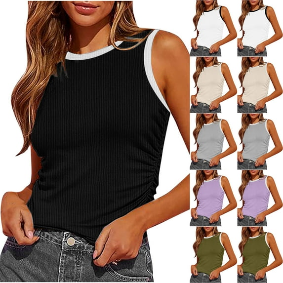 Wlynlyn Womens Summer Tank Tops Racerback High Neck Sleeveless Shirts Ribbed Knit Casual Basic Slim Fitted Cami Tees