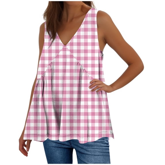 Wlynlyn Womens Summer Tank Tops V Neck Sleeveless Top Plaid Babydoll Casual Flowy Tunic Tshirts XL