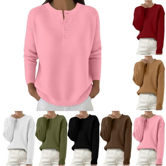Wlynlyn Womens Sweater Tops Quarter Button Crewneck Sweatshirts Fall Knitted Long Sleeve Shirts Loose Casual Pullover