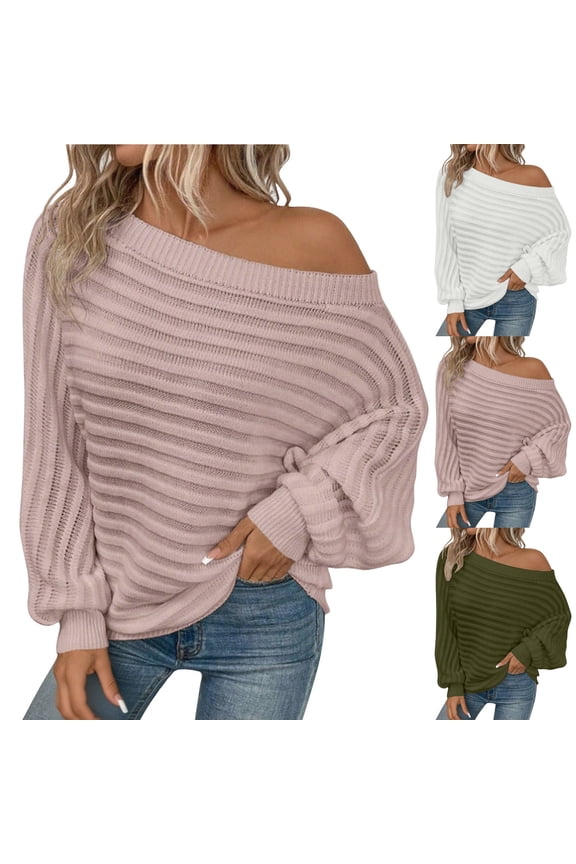 Womens Sweater off the Shoulder Long Sleeve Textured Knit Tops Oversized Striped Lightweight Pullover