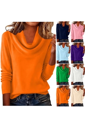 Womens Sweaters Cowl Neck Loose Fitted Lightweight Solid Color Long Sleeve Knit Pullover Tops